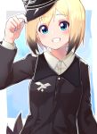  :d arm_at_side arm_up black_hair blonde_hair blue_background blue_eyes blush collared_shirt emblem erica_hartmann eyebrows_visible_through_hair grin hand_on_headwear hat hat_tip long_sleeves looking_at_viewer military military_uniform multicolored_hair open_mouth peaked_cap shiny shiny_hair shirt short_hair sikutogurei_(kunugi_miyaco) smile solo strike_witches tail tareme teeth two-tone_hair uniform upper_body white_shirt wing_collar world_witches_series 