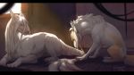  2018 black_bars claws day detailed_background digital_media_(artwork) duo feral fur grypwolf inside lying mammal pink_eyes sitting smile vayron white_fur 