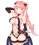  arm_behind_head bangs black_bow blush bow breasts bridal_gauntlets cowboy_shot eyebrows_visible_through_hair fishnet_legwear fishnets hair_bow highres large_breasts long_hair looking_at_viewer navel open_mouth phantasy_star phantasy_star_online_2 pink_eyes pink_hair pointy_ears revealing_clothes simple_background solo tail thighhighs twintails very_long_hair white_background yddsb123 