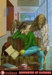  anthro avian beak beverage brown_feathers clothed clothing crossed_legs digital_media_(artwork) feathered_wings feathers fully_clothed gryphon hi_res inside invalid_tag male paws solo strohmann teal_eyes white_feathers wings yellow_beak 