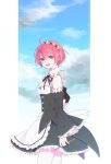  blush cloud flower_ornament hair_ornament looking_at_viewer maid open_mouth pink_eyes pink_hair ram_(re:zero) re:zero_kara_hajimeru_isekai_seikatsu short_hair sky smile thighs wa--ka wand x_hair_ornament 