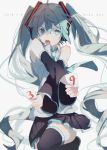  39 ahoge aqua_eyes aqua_hair character_name commentary_request crossed_arms dated detached_sleeves hatsune_miku long_hair looking_at_viewer necktie open_mouth pleated_skirt skirt solo thighhighs twintails very_long_hair vocaloid yuno_tsuitta 