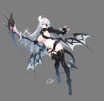  1girl absurdres boots breasts cleavage closers demon_tail eyepatch full_body gloves highres horn large_breasts leg_up levia_(closers) long_hair nail_polish official_art partly_fingerless_gloves scythe short_shorts shorts sideboob silver_hair simple_background smile solo tail thigh_strap thighs transparent_background underboob very_long_hair weapon 