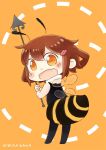  antennae artist_name bee_costume blush brown_hair commentary_request dated hair_ornament hairclip hinata_yuu holding holding_weapon ikazuchi_(kantai_collection) insect_wings kantai_collection open_mouth orange_background orange_eyes short_hair weapon wings 