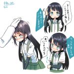  :o aqua_eyes arm_warmers asashio_(kantai_collection) black_hair blush gloves hand_on_another's_head kantai_collection long_hair long_sleeves maiku multiple_views nose_blush out_of_frame petting pleated_skirt salute simple_background skirt smile suspenders translated upper_body v-shaped_eyebrows v_arms white_background white_gloves 