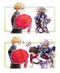  2boys 2koma blonde_hair bouquet brown_hair comic commentary_request flower formal graham_aker green_eyes gundam gundam_00 gundam_exia haya_(xenoxeno06) heart mecha multiple_boys open_mouth red_eyes scarf setsuna_f_seiei sparkle suit 