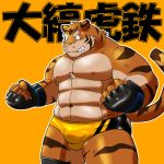  bulge character_name clothed clothing feline japanese_text kotetsu_oshima male mammal muscular muscular_male navel shiba-kenta solo text tiger topless wrestling_briefs 