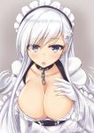  apron azur_lane bangs belfast_(azur_lane) braid breasts chain cleavage collar collarbone commentary_request corset eyebrows_visible_through_hair french_braid frilled_apron frills gloves large_breasts long_hair maid maid_apron maid_headdress nekoyaso purple_eyes silver_hair white_apron white_gloves 