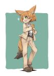  :d adapted_costume animal_ears belt black-backed_jackal_(kemono_friends) brown_gloves brown_hair commentary_request extra_ears fang full_body gloves green_background green_eyes jackal_ears jackal_tail kemono_friends looking_away necktie open_mouth pants partial_commentary shoes short_hair simple_background smile solo teranekosu white_neckwear 