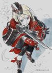  armor blonde_hair blue_eyes garrison_cap grey_background hat holding holding_weapon hyuuga_masamune japanese_armor left-handed male_focus petals reverse_grip shorts shoulder_armor simple_background sketch smile sode solo tantou toboso_yana touken_ranbu twitter_username weapon 