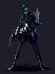  90s alternate_costume black_hair boots commentary dark_skin full_body grey_background gun highres knee_boots lanyard lipstick makeup mouse_(computer) overwatch pants power_glove purple_lipstick serain solo sombra_(overwatch) spiked_hair submachine_gun sunglasses trench_coat undercut walkman weapon zipper 