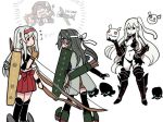  &gt;_&lt; aircraft aircraft_carrier_hime airplane armor armored_boots black_panties boots bow_(weapon) chiyoda_(kantai_collection) commentary elbow_gloves enemy_aircraft_(kantai_collection) flight_deck flying_sweatdrops from_behind gameplay_mechanics gauntlets gloves grey_hair hairband hakama_skirt hand_on_hip kagerou_(kantai_collection) kantai_collection long_hair multiple_girls muneate navel o_o panties partly_fingerless_gloves quiver remodel_(kantai_collection) shinkaisei-kan shoukaku_(kantai_collection) side_ponytail simple_background skirt standing terrajin thighhighs torn_clothes underwear weapon white_background white_hair white_skirt yugake zuikaku_(kantai_collection) 