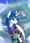  2018 blue_eyes blue_hair clothed clothing cloud day detailed_background digital_media_(artwork) equine fan_character feral fur hair horn male mammal my_little_pony outside rublegun sky smile solo standing white_fur winged_unicorn wings 