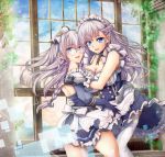  anchor_hair_ornament apron azur_lane back backless_dress backless_outfit bangs bare_back bare_shoulders belfast_(azur_lane) blue_dress blue_eyes blue_gloves blue_sky bow braid breasts cleavage cloud crossed_bangs day dress edinburgh_(azur_lane) eyebrows eyebrows_visible_through_hair eyelashes facing_another floating_hair french_braid frilled_apron frilled_dress frills glasses gloves hair_between_eyes hair_bow hair_ornament highres large_breasts long_hair looking_at_viewer maid maid_apron maid_headdress multiple_girls n_funiya open_mouth rimless_eyewear round_eyewear short_dress silver_hair sky smile straight_hair teeth thighhighs twin_braids waist_apron white_apron white_bow white_legwear window zettai_ryouiki 