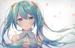  aqua_neckwear bangs bare_shoulders blush closed_mouth collared_shirt commentary_request eyebrows_visible_through_hair floating_hair green_eyes green_hair grey_background grey_shirt hand_on_own_chest hatsune_miku head_tilt highres kawami_nami long_hair looking_at_viewer md5_mismatch motion_blur necktie number_tattoo petals revision shirt shoulder_tattoo sleeveless sleeveless_shirt smile solo tareme tattoo twintails upper_body vocaloid wing_collar 