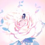  black_hair bracelet choker closed_eyes closed_mouth commentary dress flower ilya_kuvshinov jewelry lips long_hair on_flower original rose solo 