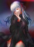  dark_persona dark_sakura fate/stay_night fate_(series) hair_ornament hair_ribbon head_tilt highres lapis_(13567118) long_hair long_sleeves looking_at_viewer matou_sakura red_eyes ribbon smile solo white_hair 