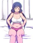  belly_grab breasts large_breasts long_hair love_live! love_live!_school_idol_project low_twintails othel_(hatimorris) panties pink_scrunchie plump purple_hair scrunchie sitting solo tank_top toujou_nozomi twintails underwear weight_conscious 