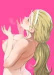  areolae blue_eyes breasts butt_crack from_behind girls_und_panzer hairband iku_(ikuchan_kaoru) large_areolae large_breasts long_hair md5_mismatch nipples nude open_mouth pink_background ponytail sasaki_akebi solo tongue tongue_out upper_body 