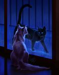  2018 black_fur blue_eyes cat detailed_background digital_media_(artwork) duo feline feral fur grey_fur inside mammal outside raining sitting stanidng tamberella whiskers window 