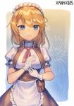  apron artist_name bangs blonde_hair blue_eyes braid breasts closed_mouth eyebrows_visible_through_hair french_braid frilled_apron frills g36_(girls_frontline) girls_frontline gloves highres long_hair looking_at_viewer maid maid_apron maid_headdress medium_breasts upper_body white_apron white_gloves xanax025 