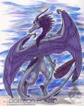  2018 ambiguous_gender butt butt_pose dagger digitigrade dragon feathered_wings feathers holding_object holding_weapon horn looking_at_viewer melee_weapon purple_feathers red_eyes standing traditional_media_(artwork) weapon wings yami_griffin 