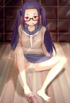  1boy 1girl blue_hair blush cum cum_on_lower_body footjob glasses oogaki_chiaki panties red_eyes sakitsurumura skirt underwear upskirt white_panties yurucamp 