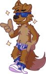  blue_shoes blue_underwear briefs bulge canine clothing dog english_text eyewear goronic male mammal matt_riskely sneakers sunglasses text underwear 