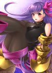  ass bangs belt_collar blush breasts claws commentary_request eyebrows_visible_through_hair fate/extra fate/extra_ccc fate_(series) hair_ribbon highres hips huge_breasts legs_up long_hair looking_at_viewer open_mouth pantyhose passion_lip pink_eyes pink_ribbon purple_hair ribbon sash shoulder_cutout thighs very_long_hair yuzutosen 