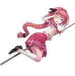  :o astolfo_(fate) bangs between_legs black_bow black_footwear blush bow braid commentary_request crop_top crop_top_overhang dot_nose fang fate/apocrypha fate/grand_order fate_(series) feet_up from_side full_body hair_between_eyes hair_bow hair_intakes hands_up highres holding holding_pole kneehighs loafers long_hair looking_at_viewer looking_to_the_side male_focus miniskirt neckerchief one_eye_closed open_mouth otoko_no_ko pink_hair pink_neckwear pleated_skirt pole purple_eyes red_sailor_collar red_skirt sailor_collar school_uniform serafuku shirt shoes short_sleeves simple_background single_braid skirt sleeve_cuffs solo stomach straddling v very_long_hair white_background white_legwear white_shirt ysh_(yysshh) 