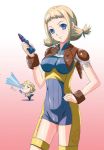  1girl artist_request blonde_hair blue_eyes bodysuit braid breasts final_fantasy final_fantasy_xii groin long_hair medium_breasts penelo potion short_hair skin_tight smile source_request twintails vaan 