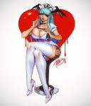  breasts chair crossed_legs demon_girl dress green_hair hat head_wings high_heels highres huge_breasts morrigan_aensland nurse nurse_cap robert_porter short_dress sitting stethoscope thighhighs vampire vampire_(game) white_legwear 