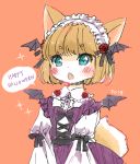  2018 anthro blonde_hair blue_eyes blush cat clothing dress english_text feline female hair halloween holidays kemono maid_uniform mammal mineko_(artist) open_mouth orange_background simple_background solo text uniform みねこ 