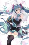  39 aqua_eyes aqua_hair commentary_request detached_sleeves fang floating_hair hatsune_miku highres k.syo.e+ long_hair looking_at_viewer necktie number_tattoo open_mouth skirt solo tattoo thighhighs twintails umbrella very_long_hair vocaloid zettai_ryouiki 
