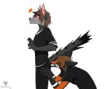  2018 5_fingers anthro anthro_on_anthro bite black_fur black_nose blush brown_hair butt_biting canine clothed clothing duo egsaku egsaku_(character) fox fully_clothed fur gloves_(marking) green_eyes grey_fur grin hair hand_on_thigh kneeling male male/male mammal markings multicolored_fur orange_fur purple_eyes shocked side_view simple_background smile standing surprise white_background white_fur 