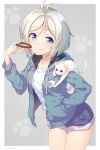  animal animal_on_shoulder aqua_eyes aqua_hoodie bangs blue_eyes blush border cat closed_eyes closed_mouth collarbone colored_eyelashes cowboy_shot dennou_shoujo_youtuber_shiro doughnut drawstring food grey_background hand_in_pocket highres holding holding_food hood hoodie leaning_forward long_sleeves looking_at_viewer nijihashi_sora open_clothes open_hoodie outside_border parted_bangs paw_background shiny shiny_hair shiro_(dennou_shoujo_youtuber_shiro) shirt silver_hair smile solo standing tareme thighs virtual_youtuber white_border white_cat white_shirt 