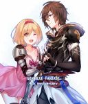  1girl aki663 armor blonde_hair brown_eyes brown_hair djeeta_(granblue_fantasy) dress fingerless_gloves gauntlets gloves granblue_fantasy hairband hood hood_down one_eye_closed pink_dress pink_hairband puffy_short_sleeves puffy_sleeves red_eyes sandalphon_(granblue_fantasy) short_hair short_sleeves thighhighs v 