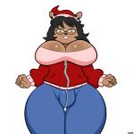  anthro big_breasts bitesize black_hair breasts bulge candy canine chocolate cleavage clothed clothing dickgirl erection eyewear food glasses hair hat hi_res hoodie huge_breasts humanoid_penis intersex jeans mammal nope_wpng pants penis shiny shy smile solo tanuki voluptuous 