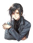  bangs black_hair black_shirt closed_mouth grey_jacket heterochromia holding jacket jewelry kangetsu_(fhalei) light_smile long_hair long_sleeves looking_at_viewer male_focus necklace original shirt simple_background solo upper_body white_background 