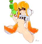  2015 bottomless breasts clenched_teeth clitoris clothed clothing clothing_lift female hair headphones hi_res humanoid inkling kneeling long_hair looking_at_viewer navel nintendo nipples not_furry orange_eyes orange_hair pigtails pussy r4 shirt shirt_lift simple_background smile solo splatoon spread_legs spreading teeth tentacle_hair tentacles video_games wariza water_gun weapon white_background 