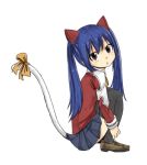  animal_ears blue_hair brown_eyes cat_tail fairy_tail fake_animal_ears full_body long_sleeves mashima_hiro parted_lips pleated_skirt simple_background sitting skirt solo tail thighhighs twintails wendy_marvell white_background zettai_ryouiki 