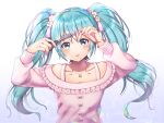  aqua_eyes aqua_hair arms_up commentary_request cutting_hair hatsune_miku jewelry long_hair nail_polish necklace scissors solo twintails upper_body vocaloid white_background yoruhachi 
