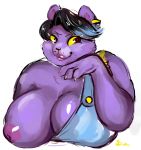  2016 3_fingers :3 anthro big_breasts biped black_hair blue_hair breasts brown_eyes bust_portrait cat catty_(undertale) cheek_tuft claws clothing digital_drawing_(artwork) digital_media_(artwork) ear_piercing feline female front_view fur guwu hair huge_breasts icon inverted_nipples lipstick looking_away makeup mammal nipples one_breast_out overalls overweight overweight_female piercing pink_nipples portrait purple_claws purple_fur raised_arm short_hair simple_background smile solo tuft undertale video_games white_background yellow_sclera 