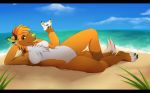  2016 4_toes 5_fingers anthro beach black_bars breasts canine day digital_media_(artwork) digitigrade dog featureless_breasts featureless_crotch female fur green_nose green_tongue indycat looking_at_viewer lying mammal on_side orange_fur outside sand seaside sky solo toes 