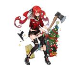  axe blush cz-75 cz-75_(girls_frontline) full_body girls_frontline gloves gun handgun infukun jacket jewelry long_hair looking_at_viewer necklace official_art pistol red_eyes red_hair shell_casing shorts thighhighs transparent_background tree twintails weapon wide-eyed 