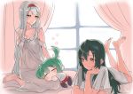  barefoot chibi commentary_request curtains hair_down hair_ribbon kantai_collection lingerie long_hair multiple_girls negligee nightgown on_bed pajamas pillow ribbon sensen shoukaku_(kantai_collection) twintails underwear white_ribbon window zuikaku_(kantai_collection) 
