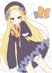  abigail_williams_(fate/grand_order) black_dress blonde_hair bloomers blue_eyes bow dress fate/grand_order fate_(series) hair_bow long_hair looking_at_viewer ominaeshi_(takenoko) orange_bow purple_bow ribbed_dress simple_background sleeves_past_fingers sleeves_past_wrists solo underwear very_long_hair white_background 