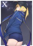  absurdres ahoge artoria_pendragon_(all) ass bangs baseball_cap black_hat blue_buruma blue_jacket blue_scarf blush buruma character_name closed_mouth cowboy_shot double_vertical_stripe expressionless fate/grand_order fate_(series) fpanda freckles hair_between_eyes hair_through_headwear hand_in_pocket hat highres jacket long_hair looking_at_viewer looking_back mysterious_heroine_x night night_sky open_clothes open_jacket outside_border panties panties_under_buruma pantylines ponytail scarf sky solo standing star_(sky) starry_sky thighhighs thighs track_jacket underwear 