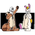  2018 3_toes 4_fingers absurd_res apollophoenix black_nose blonde_hair brown_fur bunny_costume clothed clothing costume digital_drawing_(artwork) digital_media_(artwork) duo fur fursuit hair harvey_(james_newland) hi_res human james_newland male mammal not_furry open_mouth otter_costume paws pink_nose raccoon_costume smile standing teeth toes white_fur zipper 