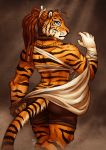  anthro back_muscles blue_eyes butt_pose cheek_tuft chest_wraps clothed clothing dreadlocks feline female fur jewelry looking_at_viewer looking_back mammal necklace rear_view solo standing striped_fur stripes tasanko tiger tuft wraps 
